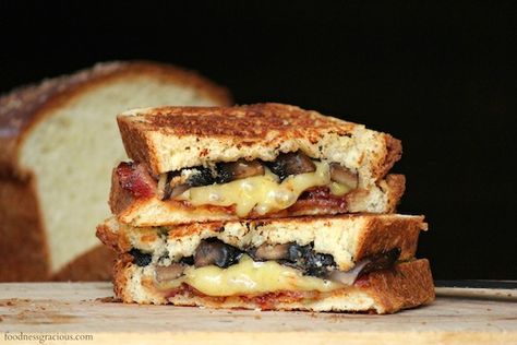 Bacon, Portobello, and Habanero Grilled Cheese Grilled Sandwiches, Gourmet Grilled Cheese, Homemade Pretzels, Grilled Cheese Sandwiches, Bacon Stuffed Mushrooms, Sandwich Shop, Grilled Cheese Recipes, Vegetarian Entrees, Dinner Bell