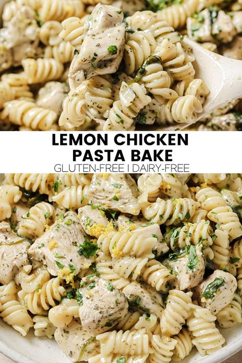 This lemon chicken pasta bake is the perfect one pan meal for busy nights! It’s gluten-free and is made with a dairy free creamy lemon sauce. Lemon Pepper Chicken Pasta, Dairy Free Pasta Recipes, Gluten Free Dairy Free Dinner, Creamy Lemon Sauce, Paleo Pasta, Italian Chicken Pasta, Lemon Chicken Pasta, Lemon Garlic Pasta, Dairy Free Recipes Dinner