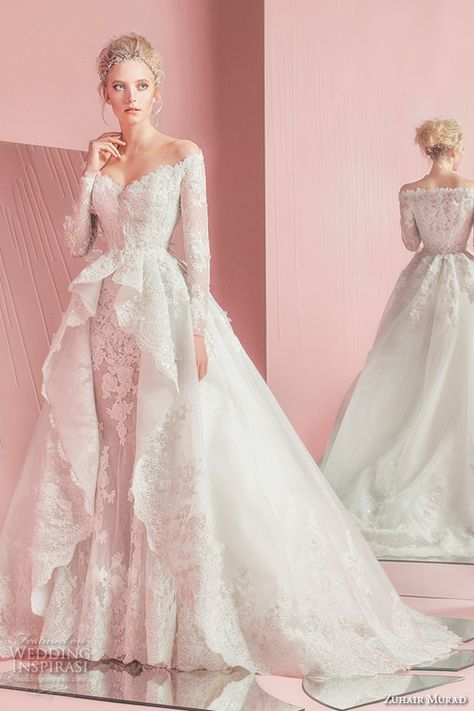 zuhair murad spring summer 2016 bridal off the shoulder long sleeves sheath wedding dress with overskirt ball gown train patsy Long Sleeve Sheath Wedding Dress, Wedding Dresses Zuhair Murad, Zuhair Murad Bridal, Couture Dior, Popular Wedding Dresses, Pnina Tornai, 2016 Wedding Dresses, Chique Outfits, A Wedding Dress