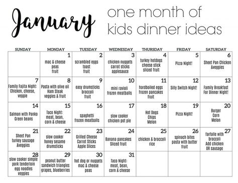 31 Days of Meal Ideas for Kids: January Kids Dinner Calendar - The Chirping Moms Weeknight Dinner Calendar, Meal Idea Printable, Month Dinner Calendar, Dinner Monthly Calendar, Dinner Meal Calendar, Day Of The Week Meal Themes, Homeschool Meal Planning, School Lunch Menu Calendar, January Meal Plan 2024