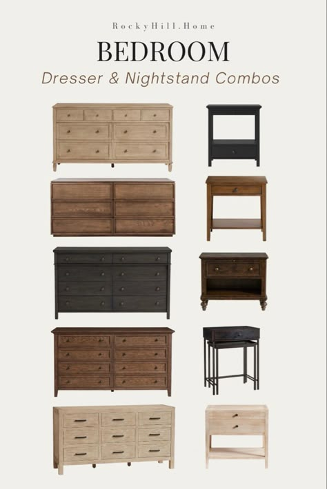 Coordinated dressers and nightstands from pottery barn and Target Mixing Dressers And Nightstands, Mixed Dressers In Bedroom, Different Color Nightstand And Dresser, Owners Suite Bedroom Ideas, Unmatching Bedroom Furniture, Mixing Wood Finishes In Bedroom, Bedroom Furniture Mismatched, Master Bedrooms Decor Target, Organic Bedroom Inspiration