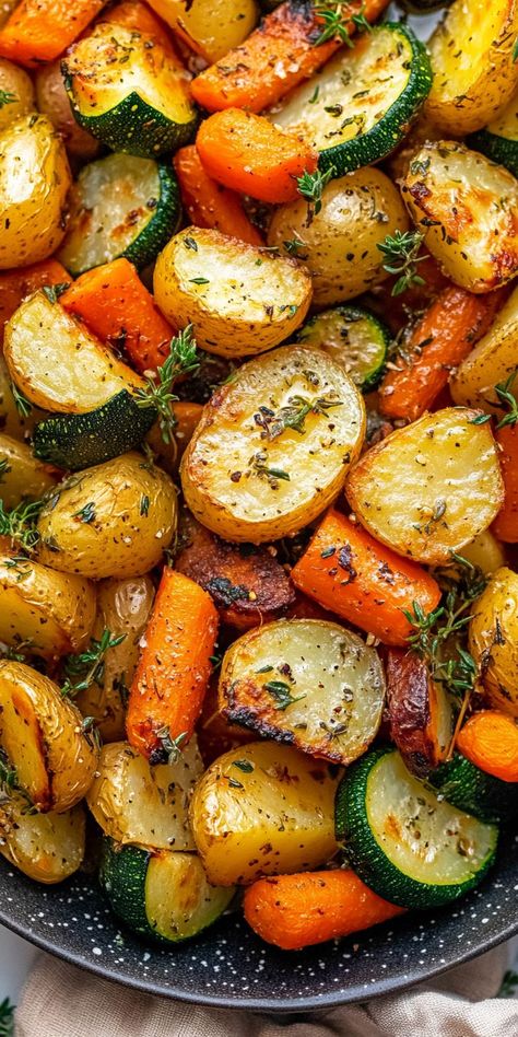 Elevate your dinner with this side dish! Our Garlic Herb Roasted Potatoes, Carrots, and Zucchini bring a burst of flavor and nutrition to your table—perfectly roasted and simply irresistible! 🥗❤️ Veggie Roast Recipes, Garlic Herb Vegetables, Pan Vegetables Roasted Veggies, Easy Veggies Recipe, How To Season Veggies, Thanksgiving Ideas Food Side Dishes, Garlic Herb Roasted Vegetables, Best Green Vegetable Side Dish, Toasted Vegetables In Oven