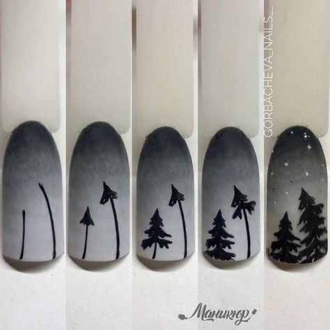 Sponge Nail Art Designs, Landscape Nail Art, Silhouette Nails, Sponge Nail Art, Nail Art Courses, Tree Nail Art, Nail Art Noel, Quick Nail Art, Nail Art Designs Images