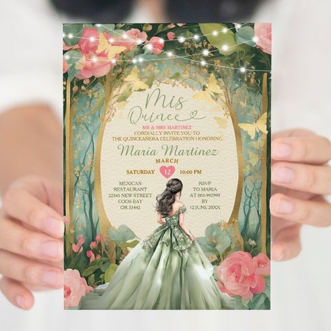 Sage Green Princess Dress Gold Forest Mis Quince Invitation - tap to personalize and get yours #Invitation #spanish #girl #sweet #16th #birthday, Quince Invitations Quinceanera, Green Princess Dress, Invitation Quinceanera, Invitations Quinceanera, Quince Invitations, Green Princess, Birthday Gold, Sage Green Dress, Blush Pink Dresses