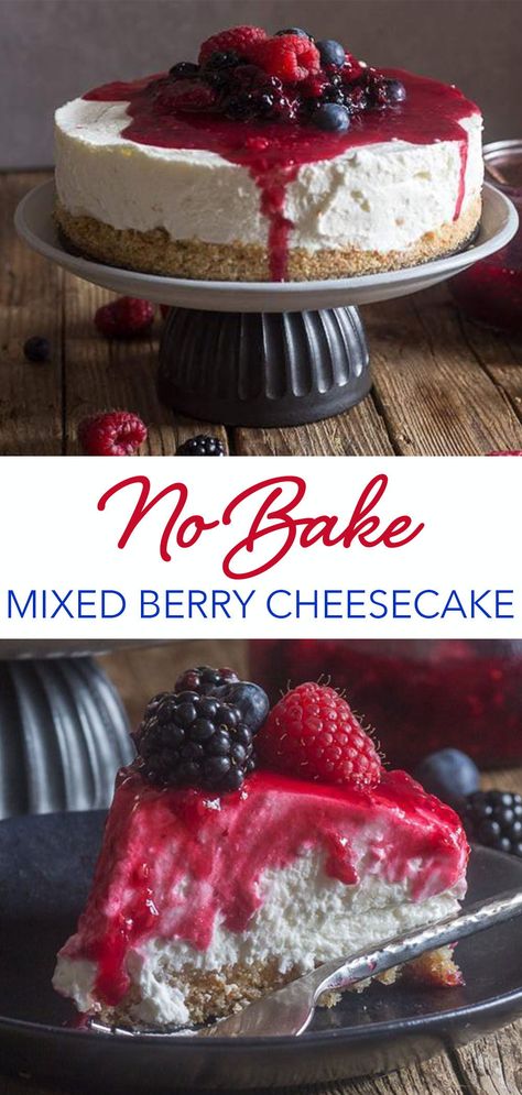 Mix Berry Cheesecake, Fruit No Bake Cheesecake, Mixed Berry Cheesecake Recipes, Summer Berry And Peach Cheesecake, July 4th Cheesecake, Berry No Bake Cheesecake, Lemon Berry Cheesecake, Triple Berry Cheesecake, Mixed Berry Cheesecake