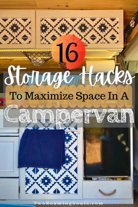 Looking for some awesome campervan storage hacks to save on your very limited, yet valuable space? This guide shares tons of easy ways to help you save space in your campervan and how to maximize a small space. #Campervan #StorageHacks #MaximizeASmallSpace Campervan Interior Storage Ideas, Minivan Storage Ideas, Campervan Cupboard Ideas, Motorhome Storage Ideas Space Saving, Campervan Hacks Tips Storage Ideas, Vanlife Storage Hacks, Diy Camper Storage Ideas, Sprinter Van Storage Ideas, Campervan Storage Hacks