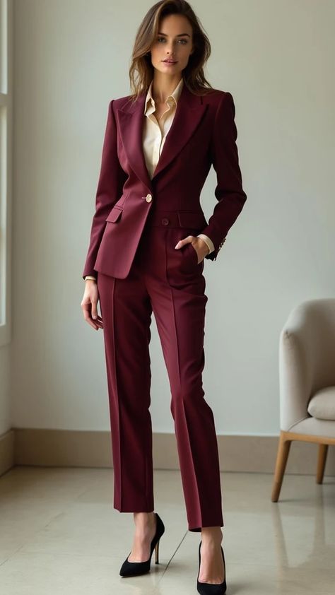 Power Suit Revival: The Modern Tailored Look Burgundy Suit Women, Tailored Suit Women, Womens Power Suit, Power Suits For Women, Outfit Boda, Work Outfit Ideas For Women, Corporate Girlie, Modern Workwear, Women's Business Casual