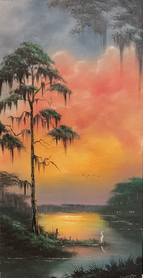 Louisiana Swamp Paintings, Florida Acrylic Painting, Highway Men Paintings, Swamp Acrylic Painting, Louisiana Swamp Art, Louisiana Paintings Ideas, Bayou Painting, Swamp Paintings, Highwaymen Paintings