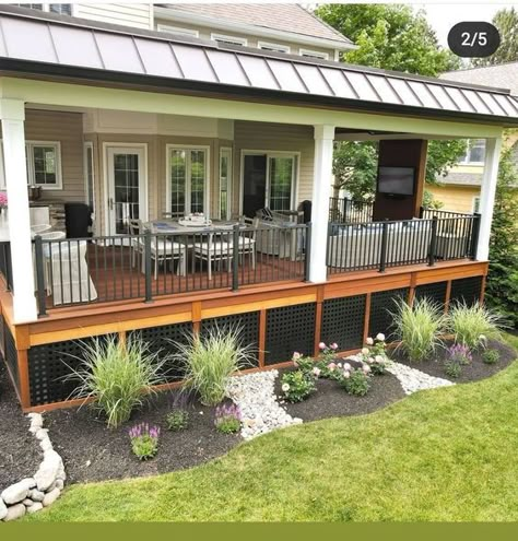 Backyard Patio Length Of House, Camper Porches And Decks, Lean To Front Porch, Side Porch Ideas, Mobile Home Landscaping, Manufactured Home Porch, Ipe Deck, Deck Skirting, Covered Patio Design