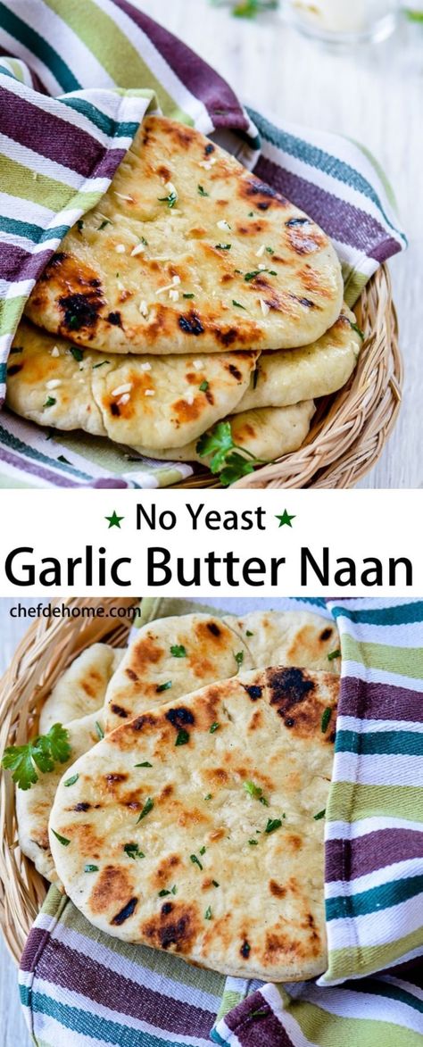 Garlic Butter Naan which is easy to cook, and need no yeast or lengthy fermentation time.  #naan #noyeast #bread #recipe Butter Naan Recipe, Garlic Naan Bread, Pane Naan, Butter Naan, Bread Without Yeast, Pain Naan, Bread Yeast, Indian Dinner, Garlic Naan