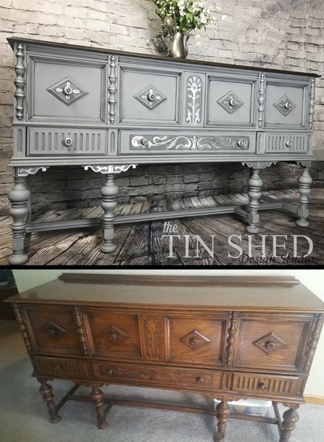 Decupage Furniture, Dresser Paint Ideas, Remodeling Furniture, Jacobean Furniture, Jacobean Buffet, Chalk Paint Furniture Ideas, Dresser Paint, Antique Dining Room Table, Paint Furniture Ideas