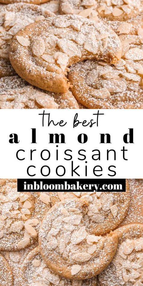 These are the best almond cookies! They're chewy almond cookies with frangipane centers, topped with sliced almonds and a dusting of powdered sugar. They have all the trappings of an almond croissant in cookie form! Almond Pastry Cookies, Mexican Almond Cookies, Cookies With Preserves, Chocolate Chip Cookies With Almonds, What Can I Make With Almond Paste, Desserts With Sliced Almonds, Almond Croissant Blondies Recipe, Cookies Rolled In Powdered Sugar, Italian Almond Horn Cookies