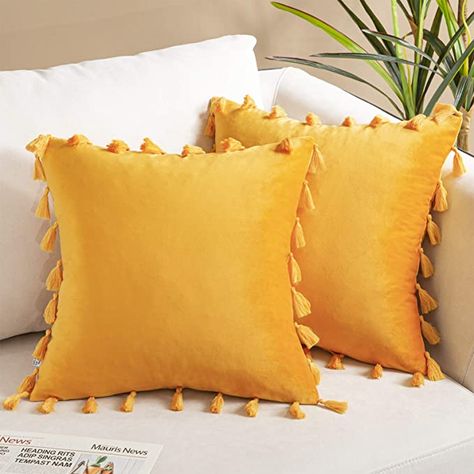 Amazon.com: Topfinel Decorative Throw Pillow Covers 18 x 18 Set of 2,Boho Tassel Soft Velvet Pillow Case Fall Couch Pillow Covers Cushion Cover for Bed Sofa Living Room Classroom,Mustard Yellow : Home & Kitchen Fall Couch Pillows, Fall Couch, Mustard Sofa, Yellow Pillow Cases, Yellow Pillow Covers, Plain Cushions, Living Room Renovation, Couch Pillow Covers, Yellow Cushions