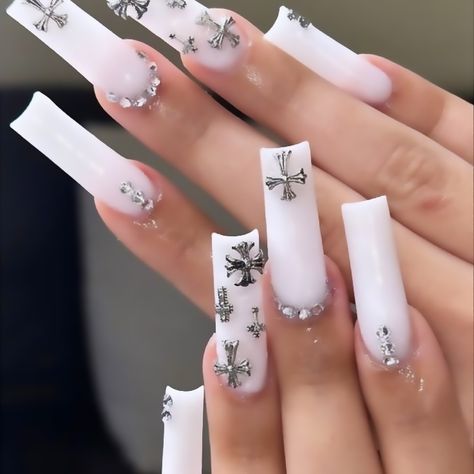 Long White French Tip Nails With Diamonds, Black Nails Acrylic Cross, Nails Inspiration With Cross, Long Acrylic Nails With Cross Design, Acrylic Nails Cross Charms, White Nails Mexican, Cross White Nails, Black And White Nails With Cross, Long White Nails With Charms