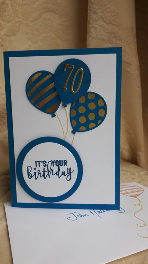 Balloon Adventures 70th birthday card - using the matching pop-up thinlit inside Homemade 60th Birthday Cards, Male 70th Birthday Cards Handmade, 70th Birthday Cards For Men Handmade, 70th Birthday Card Ideas Handmade, Mens Birthday Cards Handmade, 70th Birthday Cards For Men, 70 Birthday Cards, 70th Birthday Card Ideas, Birthday Cards With Balloons