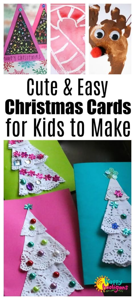 Cute and Creative homemade Christmas cards for kids to make. Easy, minimal supplies and super-cute. #happyhooligans #ChristmasCrafts #HomemadeCards #HomemadeChristmasCardIdeas #PaperCrafts #KidsCrafts #CraftsForKids #KidsArt #DaycareCrafts #PreschoolCrafts #ToddlerCrafts Homemade Christmas Cards For Kids, Christmas Kid Crafts, Christmas Cards For Kids, Cards For Kids To Make, About Teachers, Christmas For Kids, Christmas Cards Kids, Simple Christmas Cards, Homemade Christmas Cards