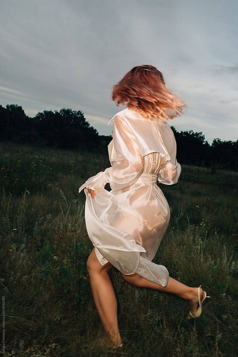 Woman Running In Dress, Field Editorial, Running Hairstyles, Dress Wind, Grassy Meadow, Art Final, Natural Fashion, Reference Pics, Summer Photoshoot