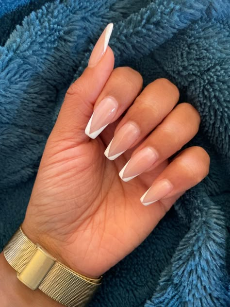 Deep French Coffin, French Tips With Coffin Shape, French Tip Nails On Square Nails, White V French Tip Nails Square, Short Coffin V French Tip Nails, Simple White Nail Designs Coffin, French Triangle Tip Nails, White V French Tip Nails Coffin, French V Manicure