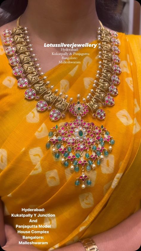 Gold Plated Kundan Jadau Long Necklace From 'Antique Lotus' • South India Jewels Long Nakshi Haram, Bridal Jewellery Indian Kundan, Bottu Mala Jewellery Designs, Bottumala Designs, Gold Antique Necklace Designs, Nakshi Long Haram, Bottu Mala Designs, Long Gold Necklace Indian, Long Haram Gold Jewellery Designs