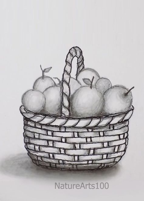 Still life Pencil Shading, Draw a Basket of Fruit, Easy Sketch still-life drawing video .. Still life with pencil shading for beginners Step by Step Still Life Pencil Shading, Easy Still Life Drawing, Fruit Sketch, Still Life Sketch, Fruit Art Drawings, Cute Easy Paintings, Shading Drawing, Basket Drawing, Fruits Drawing