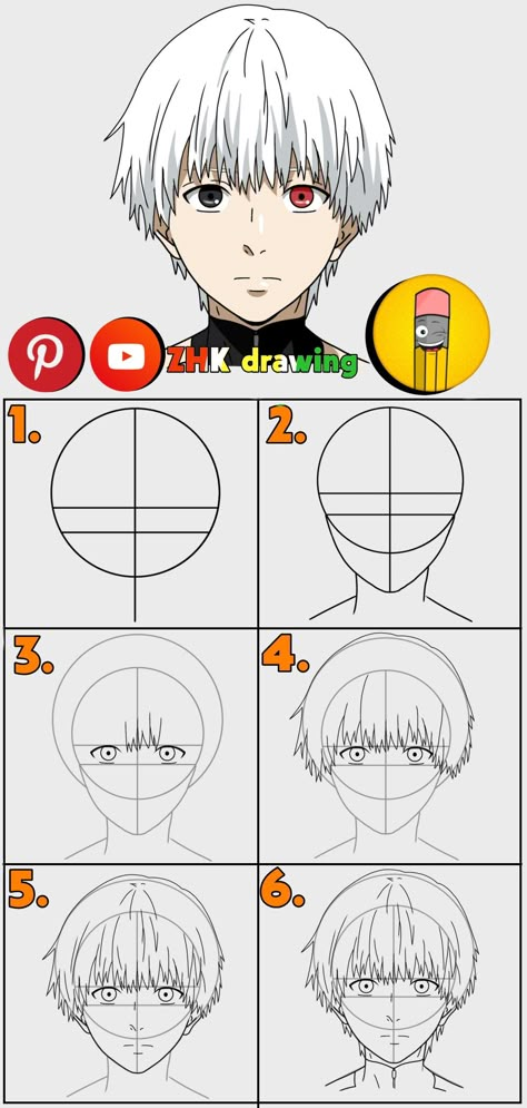 Subscribe to my channel for more tutorial #kenkaneki #tokyoghoul #anime #drawing #draw #tutorial Drawing Anime Head Step By Step, How To Create Anime, Anime Drawing Tricks, How To Make Anime Face, How To Anime, How To Draw Anime Tutorials, Tokyo Ghoul Drawing Easy, How To Draw Hair Male Step By Step, How To Draw An Anime Face