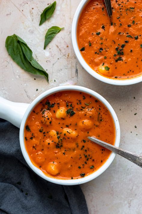 calabrian-gnocchi-tomato-soup Overnight Shift Food, Grilled Cheese And Soup, Tomato Gnocchi Soup, Tomato Gnocchi, Calabrian Chili Paste, Dumpling Soup, Calabrian Chili, Elevated Home, Trader Joe's Products