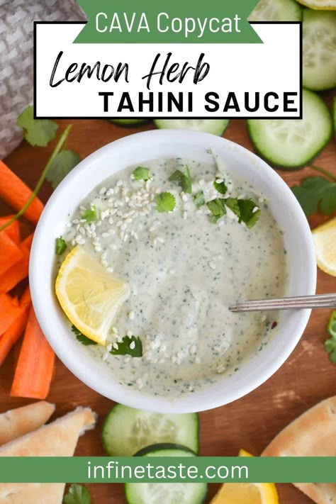 Lemon Herb Tahini Dressing Cava, Copycat Cava Yogurt Dill Dressing, Cava Lemon Herb Tahini Dressing, Cava Tahini Dressing, Lemon Herb Tahini Dressing, Cava Sauces, Cava Copycat Sauces, Cava Garlic Dressing, Cava Dressing Recipe