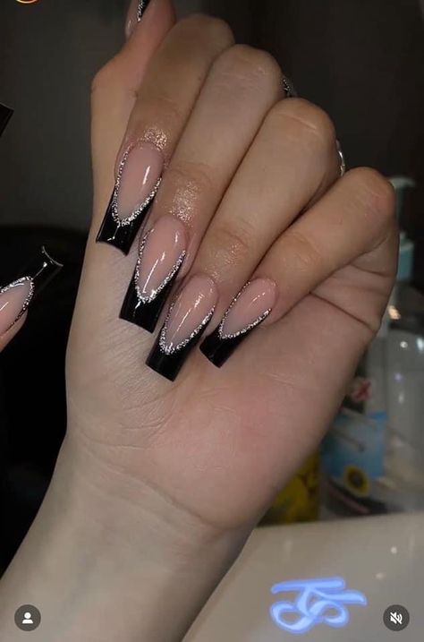 Black French Tips With Sparkles, Black French Long Nails, Long Nails Black French, Black French Tips With Glitter Outline, Black Classic Nails, Formal Nails Acrylic Coffin, Coffin Acrylic Nails Black French Tip, Black Silver French Tip Nails, Black French Tip Nails With Glitter Line