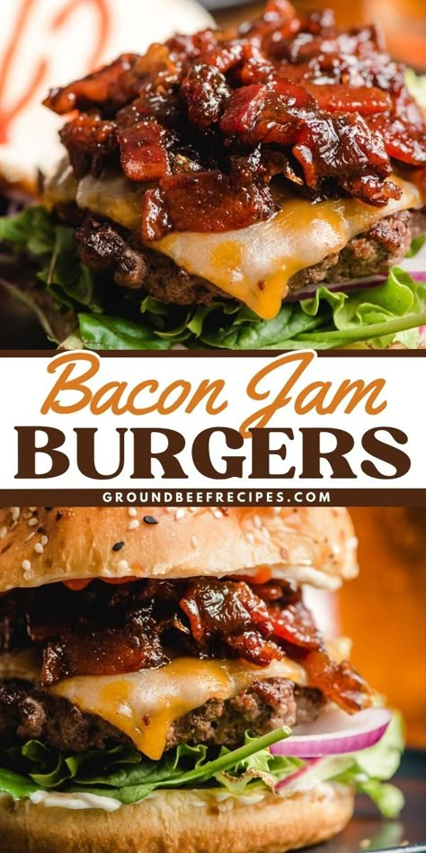 You're going to love this easy dinner idea! Loaded with bacon onion jam, these hamburgers will delight you with a new texture and flavor. You won't be disappointed in this meat main dish! Save this bacon jam burger recipe! Burgers With Bacon Jam, Bacon Onion Jam Burgers, Bacon Jam Burger Recipes, Burger With Bacon Jam, Bacon Jam Recipe For Burgers, Easy Summer Dinner Recipes Beef, Different Hamburger Ideas, Bacon Smash Burger, Hamburger Ideas For Dinner Burgers