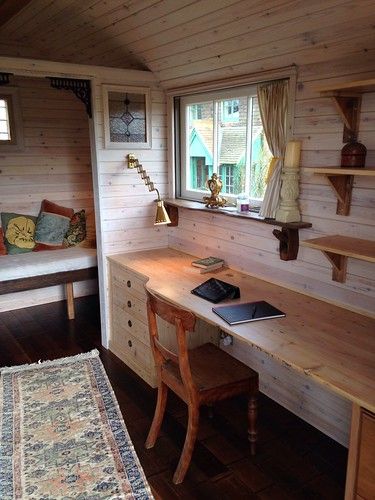 image | carstenthecarpenter | Flickr Tiny Office With Bed, Trailer Office Ideas, Office Shed Interior, Tiny House Office Space, Shed Office Interior, She Shed Interior, Garden Room Interiors, One Room Cabin, Cabin Office