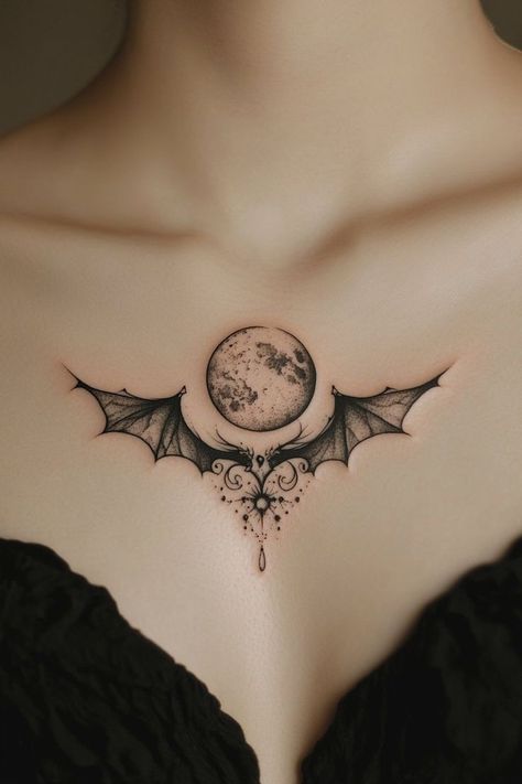 Women's Chest Tattoo Ideas, Underbust Tattoos For Women, Hip Tattoos Women Moon, Elegant Chest Tattoo Female, Bat Tattoo Women, Chest Woman Tattoo, Bat Sternum Tattoo Women, Halloween Chest Tattoo, Gothic Sternum Tattoo Women