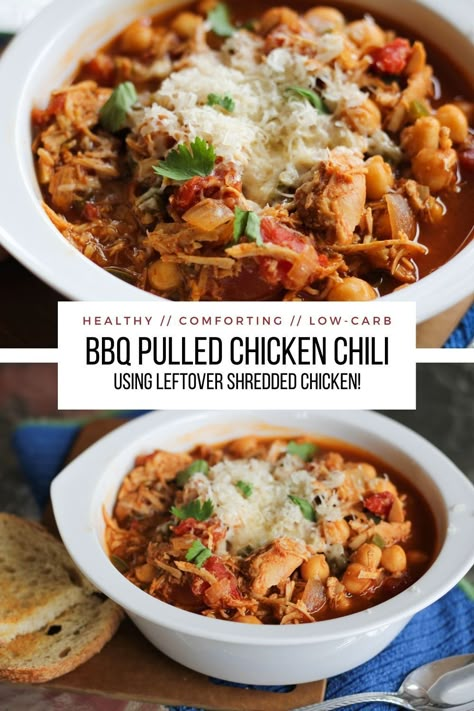 Recipes With Pulled Chicken Leftovers, Chili With Garbanzo Beans, Easiest Chili Recipe, Leftover Bbq Chicken Recipes, Barbecue Pulled Chicken, Bbq Leftovers, Sweet Chili Recipe, Shredded Chicken Chili, Ww Dinner Recipes