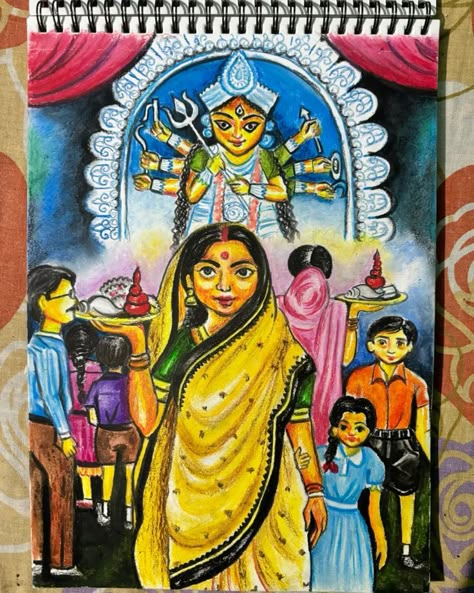 Durga Puja Festival Drawing, Durga Painting For Kids, Durga Puja Composition Drawing, Durga Puja Scenery Drawing, Durga Puja Drawing Ideas, Durgapuja Drawing, Durga Puja Drawing Easy, Durga Puja Drawing For Kids, Dussehra Poster