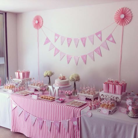 Pink Party  | CatchMyParty.com Birthday Party Set Up, Party Table Set Up, Dessert Table Ideas Birthday, Pink Decorations Party, Pink Birthday Party Ideas, Pink Birthday Decorations, Birthday Party Table Decorations, Idee Babyshower, Pink Party Decorations