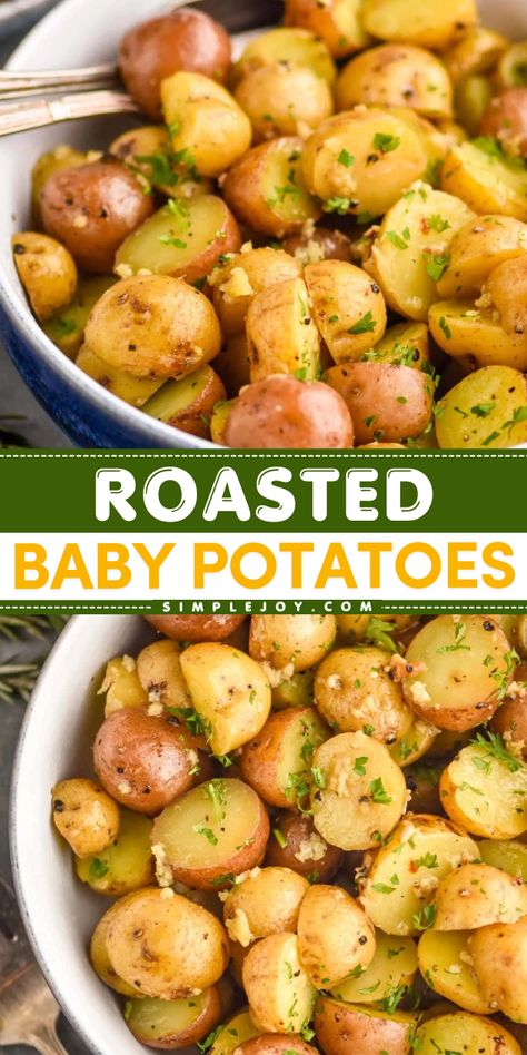 Savor the flavor of Roasted Baby Potatoes, a must-have Thanksgiving side dish idea! With just five ingredients, these baked creamer potatoes with unsalted butter, garlic, Kosher salt, and black pepper make an easy Christmas side dish. Enjoy your feast today! Healthy Small Potato Recipes, Small Gourmet Potatoes, Kosher Thanksgiving Recipes, Parsley Buttered Potatoes, Lil Potatoes Recipe, Small Russet Potato Recipes, Whole Potato Recipes, Baby Potato Recipe, Sides With Potatoes