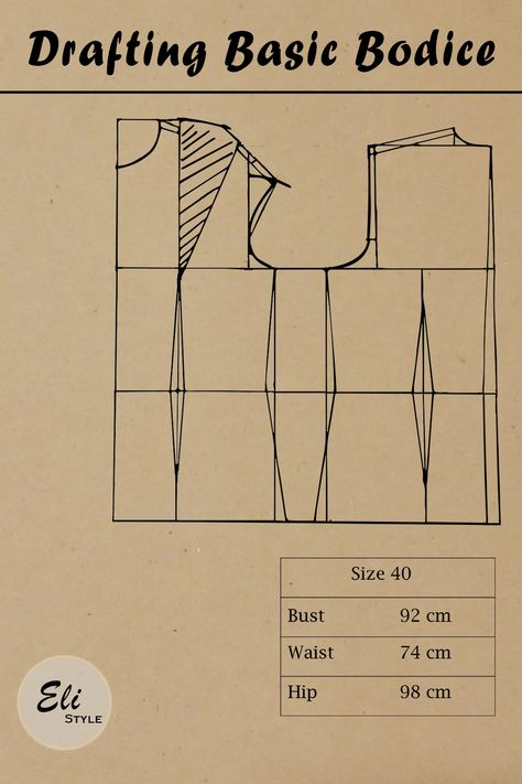 To form different models, it's important to be more familiar with basic patterns. All measurements are suitable to a size 40. For Fitting perfectly, it needs to customize shoulder and waist. Basic Bodice Pattern, Basic Bodice, Body Pattern, Bodice Pattern, Hip Style, Thread & Yarn, Yarn Projects, Upper Body, Bodice