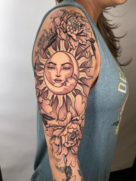 Sun Moon Sleeve Tattoo, Sun And Moon Tattoo Arm Sleeve, Sun And Moon Arm Sleeve, Moon Sleeve Tattoos For Women, Sun Sleeve Tattoo, Sun Tattoo Sleeve, Sun And Moon Sleeve Tattoo, Sun And Moon Arm Tattoo, Sun And Moon Sleeve