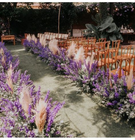 Purple Wedding Isles Decoration, Lavender Wedding Ceremony Decor, Tangled Wedding Theme Color Schemes, Lavender Fairy Wedding, Lavender Aisle Decor, Purple Wedding Ceremony Decorations, Purple Fairy Wedding Theme, Wedding Ideas Tangled, Lavender Wedding Decoration