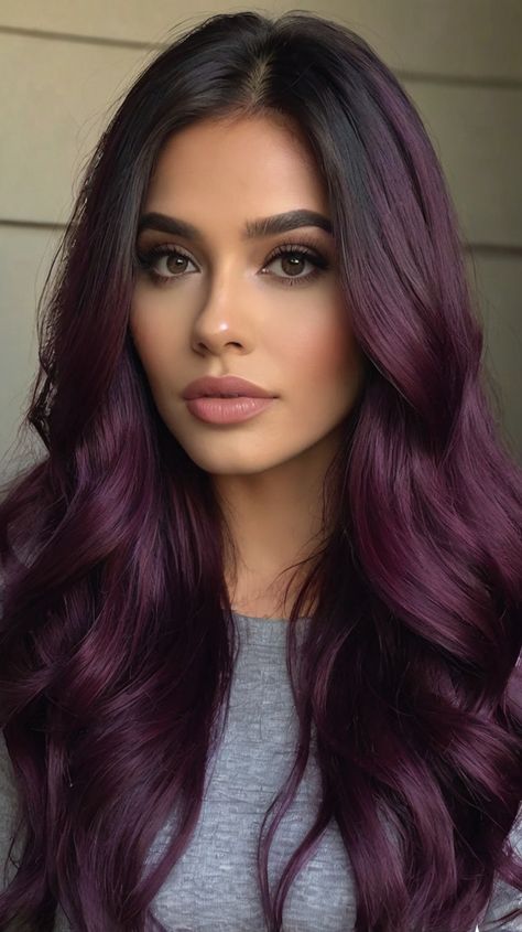 Fall hair color dark Plum Color Hair, Dark Violet Hair Burgundy, Dark Hair Shades, Dark Violet Hair, Hair Colors For Dark Hair, Deep Plum Hair, Burgundy Brown Hair, Dark Burgundy Hair, Dark Fall Hair Colors