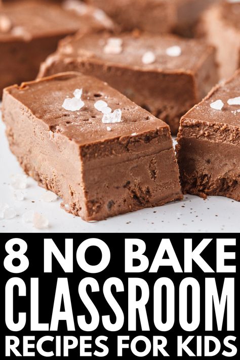 8 No Bake Classroom Recipes for Kids | Looking for cooking activities for kids that can be enjoyed in a classroom setting? Whether you’re trying to compliment specific lesson plans with things like baking soda and food coloring, need Halloween treats or Valentine’s Day ideas to enjoy together, or want to teach kids about healthy eating by making something simple like granola bars, we have you covered! #nobakerecipesforkids #nobakecooking #cookingactivities #cookingintheclassroom No Cook Preschool Recipes, Easy Cooking Class Ideas, Making Food In The Classroom, Easy Classroom Food Recipes, Classroom Cooking No Bake, Easy School Recipes, Cooking In The Classroom No Bake, Elementary School Cooking Activities, Baking In The Classroom