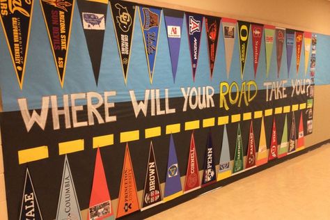 Pathway Bulletin Board Ideas, College Career Center Decor, College Week Bulletin Board Ideas, College Center Decorations, College Bulletin Boards Elementary, College Week Ideas High School, Elementary College Bulletin Board, College And Career Week Elementary Bulletin Boards, Club Bulletin Board Ideas College