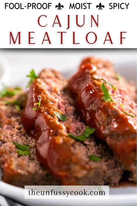 Glazed meatloaf garnished with chopped parsley and served on a white platter Cajun Beef, Spicy Meatloaf, The Best Meatloaf Recipe, Cajun Meatloaf, Beef Meatloaf Recipes, Best Meatloaf Recipe, Meat Loaves, Paul Prudhomme, The Best Meatloaf