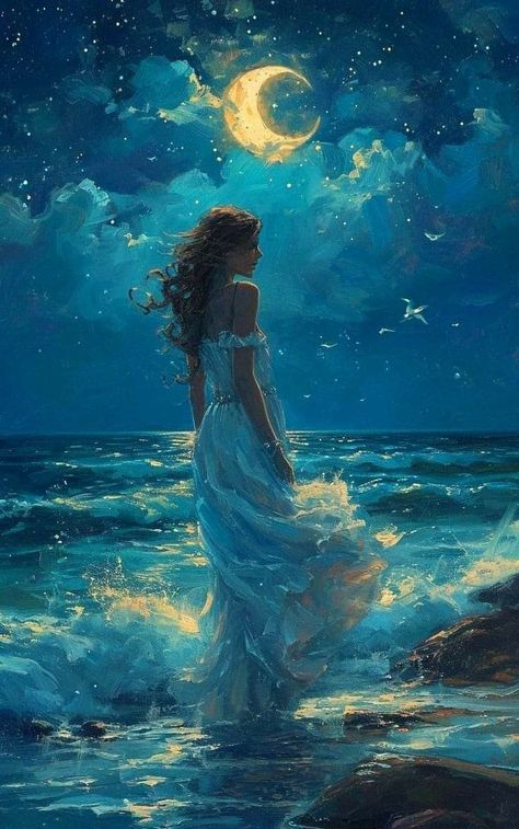 Beautiful Things To Paint, Ethereal Woman Art, Different Art Styles Ideas, Ocean Art Aesthetic, Dreamy Drawing, Freedom Painting, Majestic Art, Goddess Of The Moon, Imagination Art