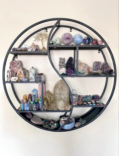 Crystal Station Ideas, Shelving For Crystals, Wicca Room Decor, Moon House Decor, Healing Crystal Display Ideas, Crystal Shelf Aesthetic, Display For Crystals, Crystal Area In Room, Witchcraft Room Ideas