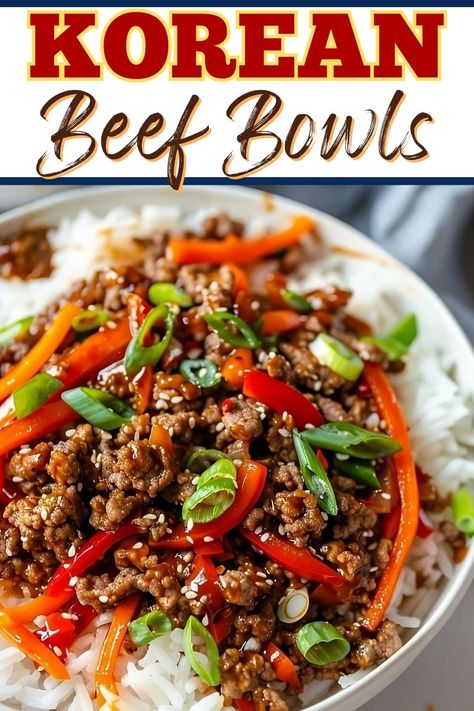 Skip takeout and try this easy Korean beef bowl. It's loaded with tender beef, crisp veggies, and a delightful sauce and comes together in 15 minutes. Korean Beef With Noodles, Spicy Korean Beef Bowl, Asian Beef Rice Bowl, Beef Bulgogi Bowl, Easy Korean Beef, Italian Noodles, Beef Bowl Recipe, Rice Bowls Healthy, Delish Dinners