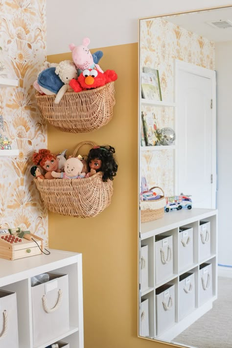 Playroom Off Living Room, Playroom Shelves Decor, Mirror In Playroom, Water Closet Organization Ideas, Playroom Storage Shelves, Playroom Shelves Wall, Small Boho Playroom, Small Playroom Organization Ideas, Playroom Wall Shelving