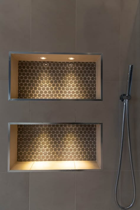 Niche lighting Bathroom Niche Design, Bathroom Niche Ideas, Storage Decor Ideas, Home Decor Business Ideas, Tile Shower Niche, Decor Business Ideas, Wall Niches, Bathroom Niche, Designs For Living Room