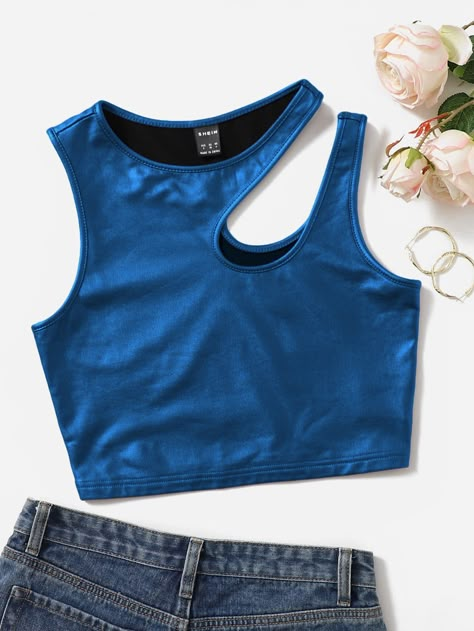 Azul Casual Collar  Couro PU Simples Colete Embellished Elasticidade Média  Tops, blusas e camisetas para Mulheres Purple Crop Top, Fashion Top Outfits, Purple Tank Top, Women Tank Tops, Cute Crop Tops, Crop Tank Top, Purple Top, Top Tank, Fashion Design Clothes