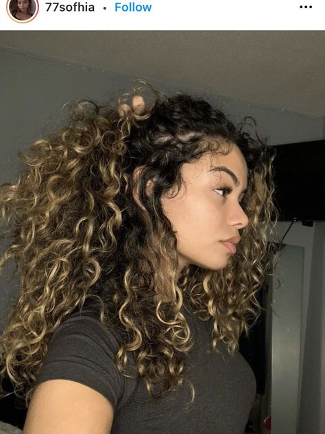 Money Piece Balayage Curly Hair, Curly Hair Color Ideas Balayage Curls, Loose Blonde Curls, Curly Hair Dyed Underneath, Curly Dark Brown Hair With Highlights, Dark Curly Hair With Highlights, Curly Hair Highlights And Lowlights, Wavy Hair With Highlights, Money Piece Curly Hair