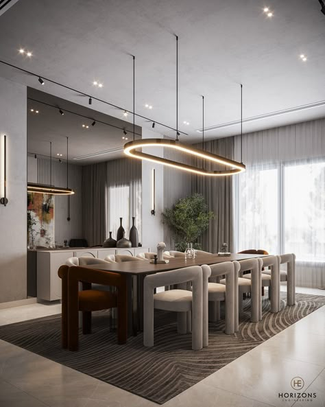 Dining Room on Behance Big Dining Room Ideas Modern, Dining Contemporary Design, Luxury Kitchen And Dining Room, Modern Dining Room Design Ideas, Dinning Room Design Modern Interiors, Big Dining Room Design, Dining Table Lighting Ideas Modern, Dining Table Hanging Lights, Modern Dinning Ideas